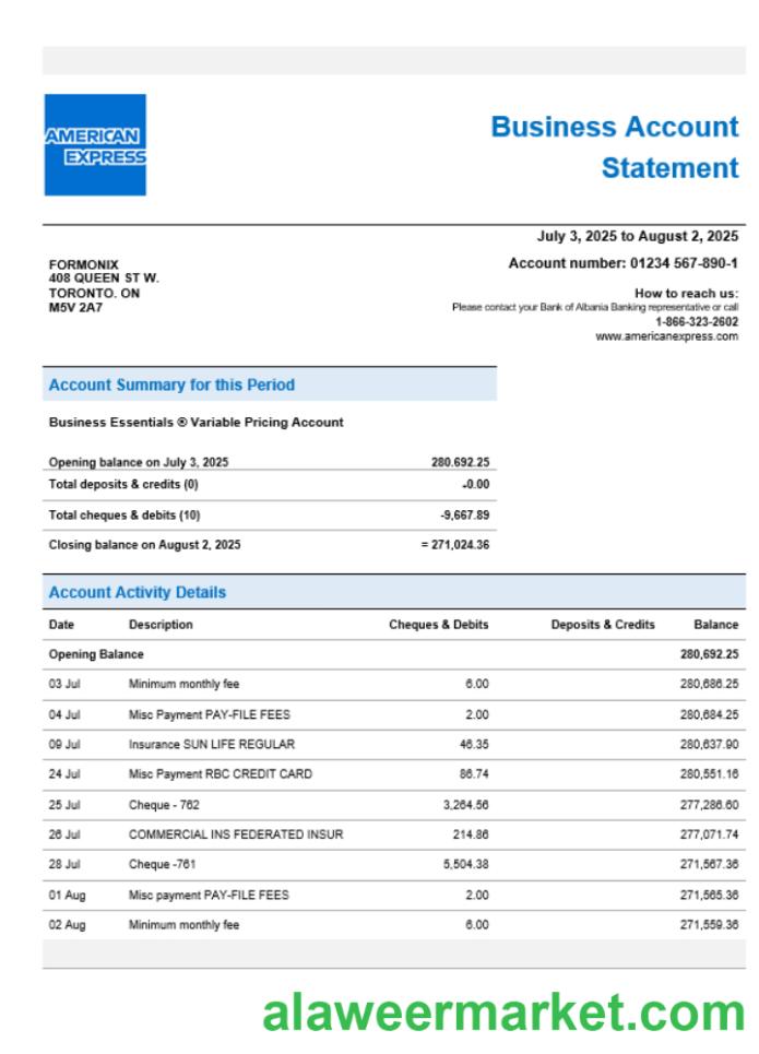 American Express Air Miles enterprise account statement Word and PDF template